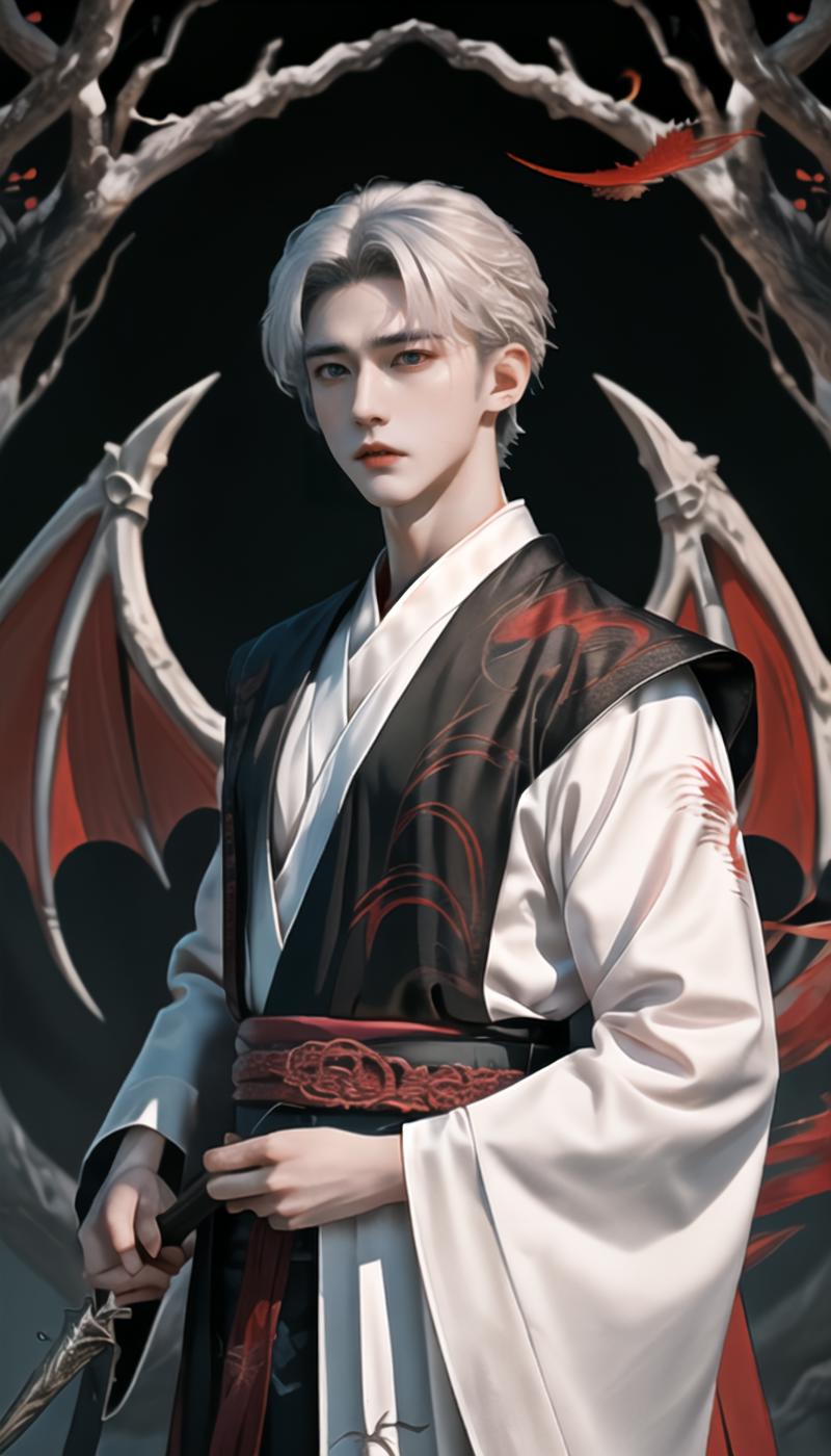 03146-2583953786-highres,a young and handsome boy,white hair,,hanfu with black gold patterns,holding a dagger in hand,eyes glazed,expressionless,.png